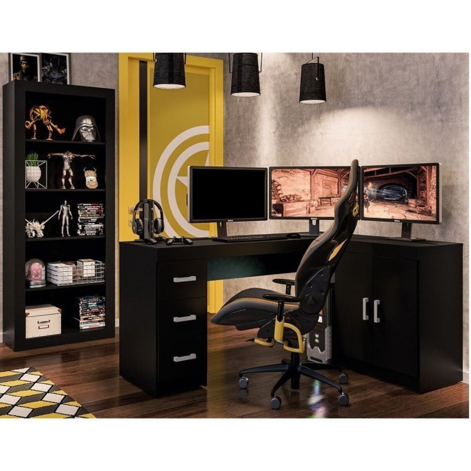 Conjunto Home Office 2 Peças com Mesa em L 2 Portas 3 Gavetas e Estante Livreiro Itapeva Politorno - 1