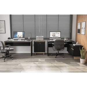 Kit 3 Peças com Mesa para Escritório em L, Mesa Reta e Armário Baixo Los Angeles