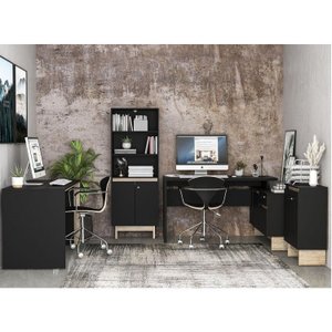 Kit 4 Peças com Mesa para Escritório em L, Mesa Reta, Estante Alta e Armário Baixo Los Angeles