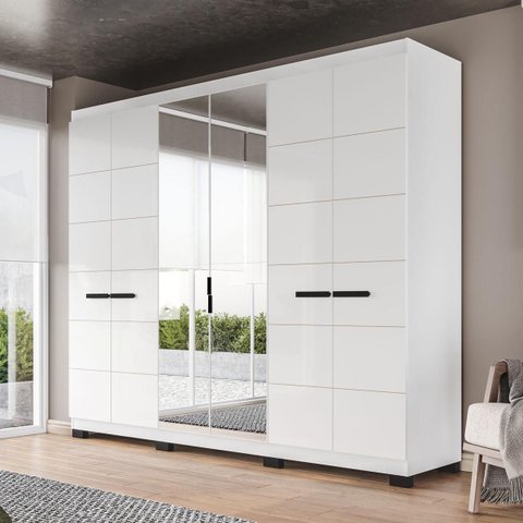 Roupeiro Lisboa 6 Portas com Espelho 4 Gavetas 242x214cm Branco 240855