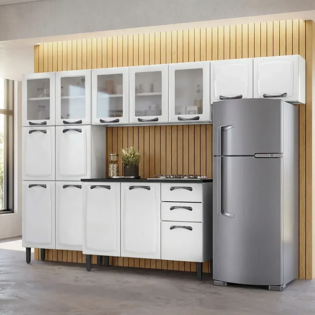 Cozinha Modulada Compacta em Aço 4 Peças 14 Portas 2 Gavetas Paneleiro Duplo New Premium Itatiaia Branco