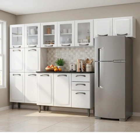 Cozinha Modulada Compacta em Aço 4 Peças 14 Portas 2 Gavetas Paneleiro Duplo New Premium Itatiaia Branco