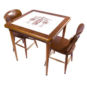 Cj Mesa Madeira Azulejo 80x80cm - Base 4pé 78cm + 2 Cadeiras 43 - Natural - More Wine