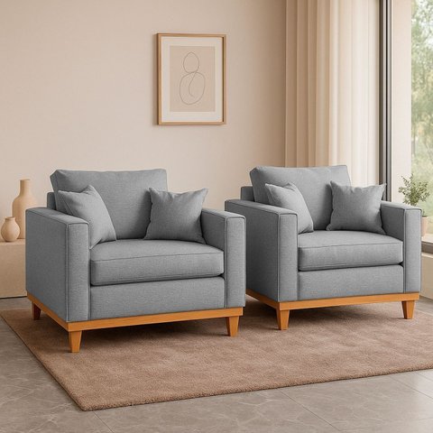 Kit 2 Poltrona Sofa Benny Linho Cinza com Almofada Base de Madeira Castanho - Arkell