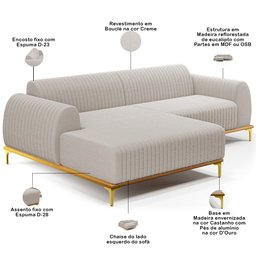 Sofá 5 Lugares com Chaise Esquerdo para Sala de Estar Molino 320cm D02 Base Castanho Pés D'ouro Bouc - 4
