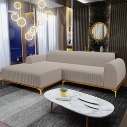 Sofá 5 Lugares com Chaise Esquerdo para Sala de Estar Molino 320cm D02 Base Castanho Pés D'ouro Bouc - 2