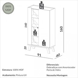 Cristaleira 100% Mdf 2 Portas Lisboa Off White/freijó - Dalla Costa - 4