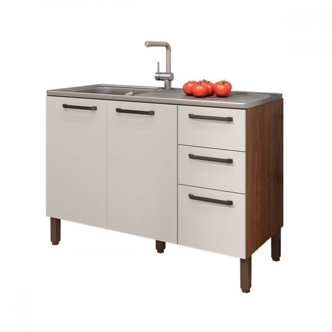 Balcão de Cozinha para Pia 120 Cm Mad Versalhes 3 Portas 2 Gavetas Nogueira/off White - Kits Paraná