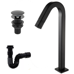 Kit Metais: Torneira Alta Inox Premium Válvula Click e Sifão:preto - 1
