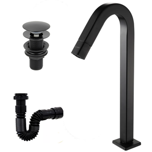 Kit Metais: Torneira Alta Inox Premium Válvula Click e Sifão:preto