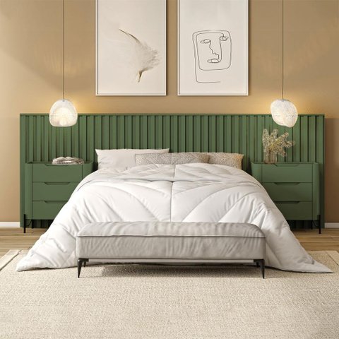 Conjunto Cabeceira Casal 280cm com 2 Mesas de Cabeceira Cor:musgo com Preto