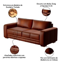 Sofá Decorativo Sala de Estar Champions 3 Lugares 200cm Couro Legitimo Conhaque - Mozzelar - 3