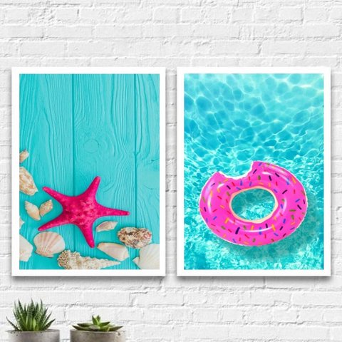 Kit 2 Quadros Verão Azul E Rosa 45x34cm - com vidro:Madeira preta