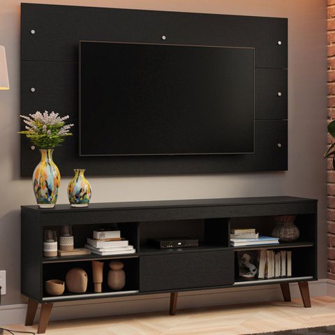 Rack com Painel para Tv até 65 Polegadas com Pés Preto Texas Madesa