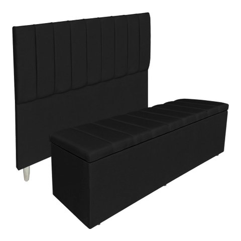 Kit Cabeceira e Calçadeira Baú Casal Queen 1,60m Londres Suede Preto Dal Poz Estofados