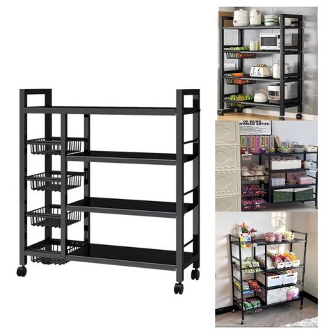 Organizador Multiuso Inox Carrinho Suporte Microondas Forno Galao Agua Fruteira Chao 4 Prateleiras