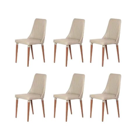 Kit de 6 Cadeiras de Madeira Maciça Estofada Lara - Natural C/ Pu Off White - Champanhe