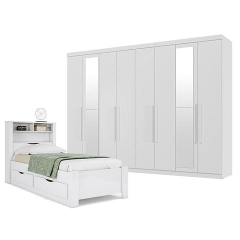 Guarda Roupa Casal com Cama Solteiro Master New 8 Portas 4 Gavetas MDP Branco Brilho Santos Andirá
