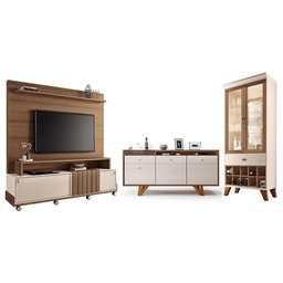 Sala de Estar Bold com Estante, Buffet Aparador e Cristaleira Castanho/off White - Hb Móveis - 1