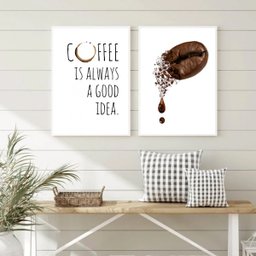Kit 2 Quadros Coffee Good Idea - Grão 24x18cm - com Vidro:moldura Branca - 2