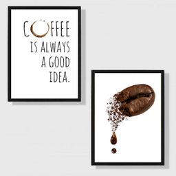 Kit 2 Quadros Coffee Good Idea - Grão 24x18cm - com Vidro:moldura Branca - 1