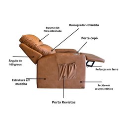 Poltrona Papai com Porta Copo Reclinável Massageador Courino:caramelo - 3