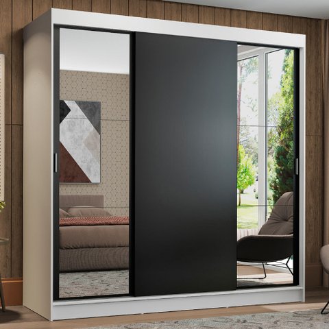 Guarda-Roupa Casal Madesa Reno 3 Portas de Correr com Espelhos Branco/Preto Cor:Branco/Preto