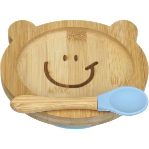 Prato Infantil Criança Bebê com Colher e Ventosa Home&co Ursinho Bambu 3x16x13cm Natural