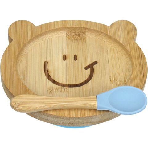Prato Infantil Criança Bebê com Colher e Ventosa Home&co Ursinho Bambu 3x16x13cm Natural