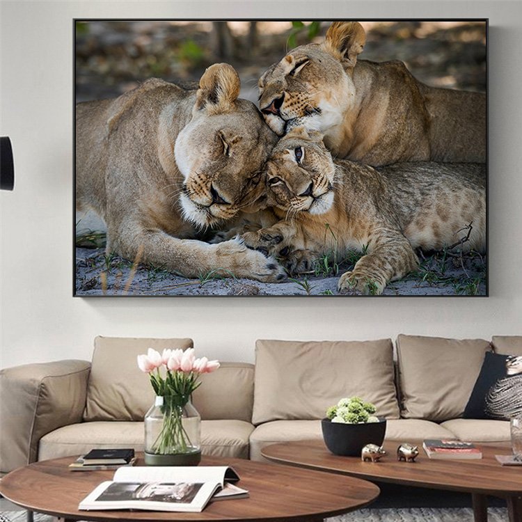 Quadro Família Leão 1 Filhote Amor - Tela Única - 150 x 100 cm - Preta
