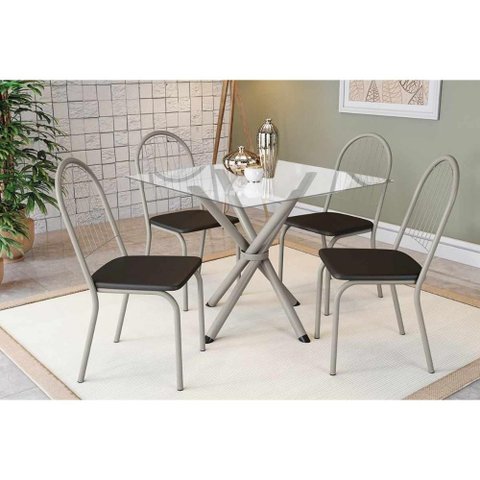 Conjunto: Mesa Sala Jantar Volga C/ Tampo de Vidro 90cm e 4 Cadeiras Noruega Niquel - Courano Preto