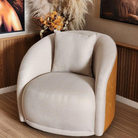 Poltrona Sophia Base Giratória- com Almofada, Redonda, Linho Bege Sintético Caramelo, Orgânico