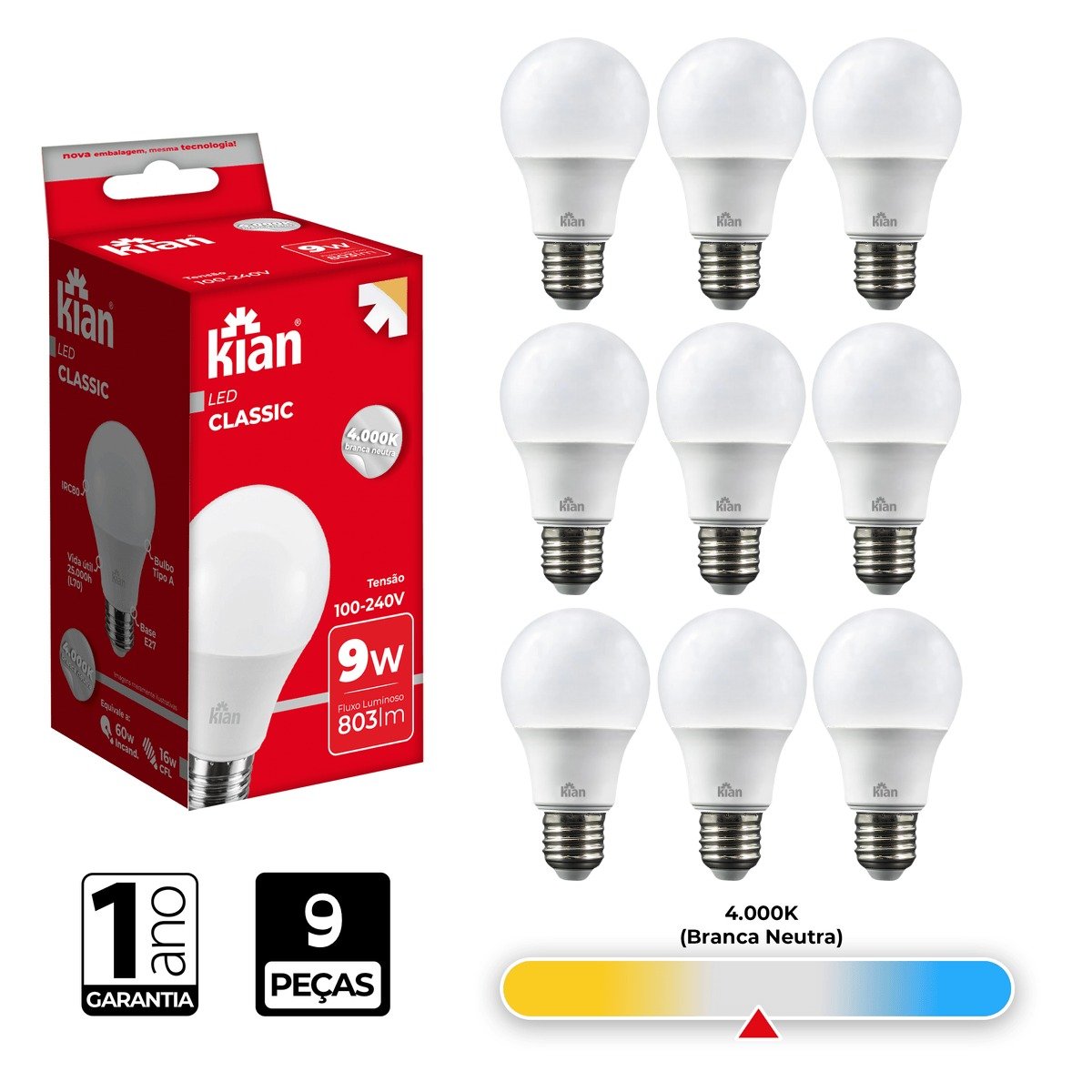 Lâmpada Led Bulbo Kian 9w 4000k Branca Neutra 9 Peças - 2