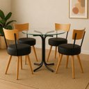 Ver imagem 1 de Conjunto Mesa de Jantar Redonda Vidro com 4 Cadeiras Estofada Preta Encosto Madeira Urban