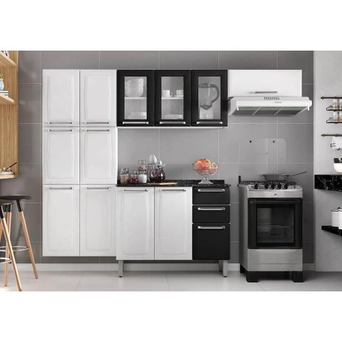 Cozinha Completa Branca e Preta em Aço 4 Peças Luce com 3 Vidros