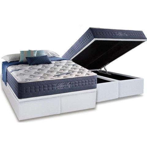 Cama Box Baú King: Colchão Molas Anjos MasterPocket Ensacadas Blue Sea + Base CRC Courano Branco(