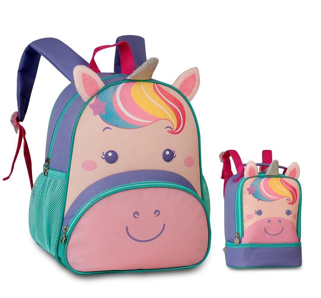 KIT MOCHILA E LANCHEIRA ESCOLAR INFANTIL BICHINHOS UNICORNIO:Roxo