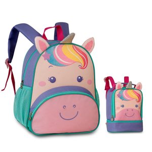 KIT MOCHILA E LANCHEIRA ESCOLAR INFANTIL BICHINHOS UNICORNIO:Roxo
