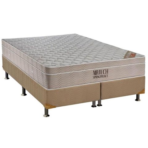 Cama Box Queen: Colchão Molas Ortobom SuperPocket Fort Airtech Spring + Base CRC Suede Bege(158x198)