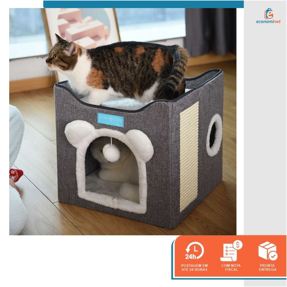 Casa Cama para Gatos 2x1 Toca 2 Andares Dobrável Ninho Brinquedo Arranhador Cinza - Duke & Dixie - 7