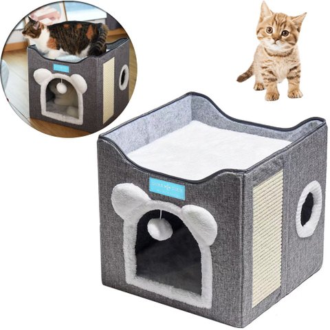 Casa Cama para Gatos 2x1 Toca 2 Andares Dobrável Ninho Brinquedo Arranhador Cinza - Duke & Dixie