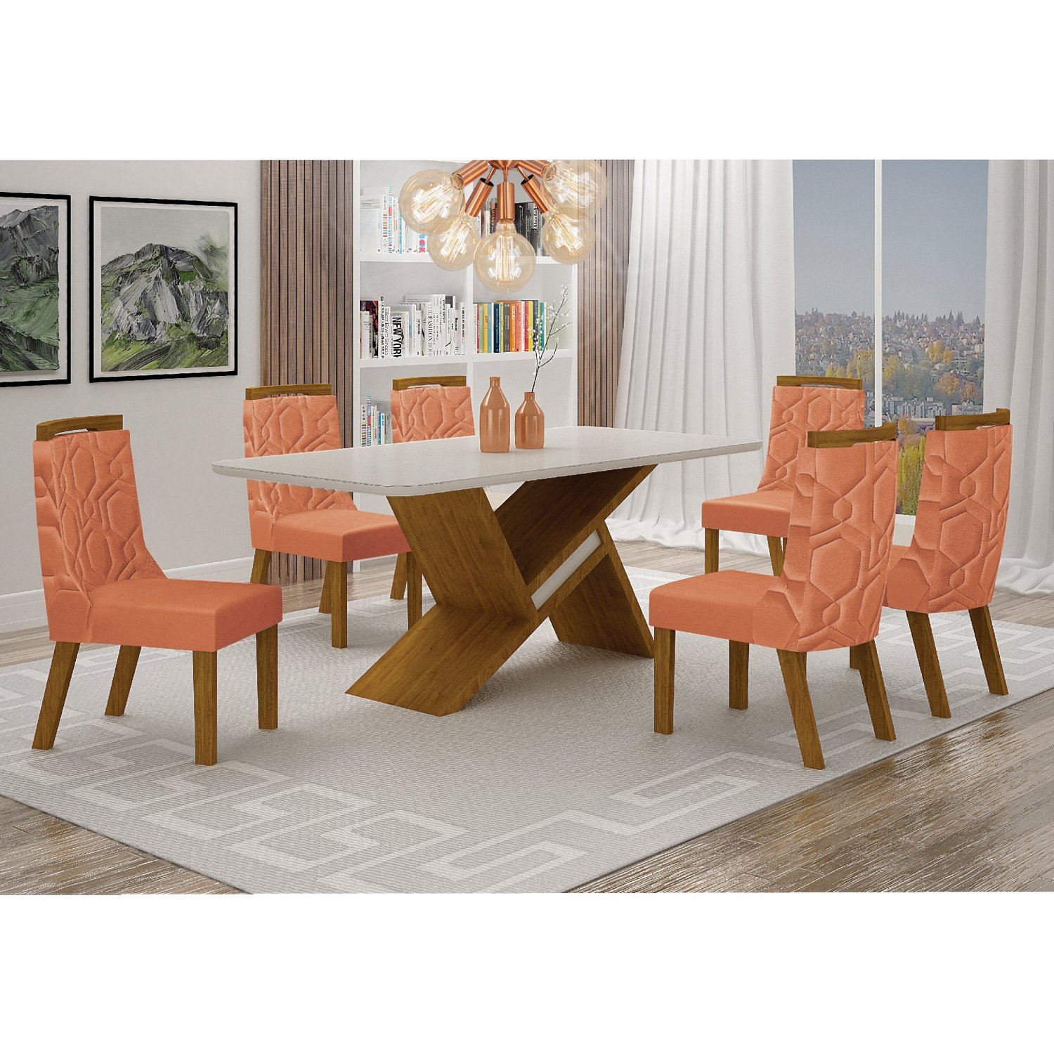 Conjunto Sala de Jantar Mesa Tampo MDF/Vidro e 6 Cadeiras Ágata Leifer - 1