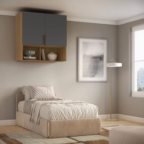 Módulo Aéreo para Cama de Solteiro Mdf Altezza Clean Belmax:freijó/titânio