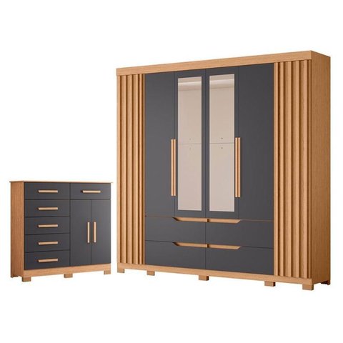 Guarda Roupa Casal Doble com Espelho 06 Portas e Cômoda Xangai Freijo Titanium - Móveis Albatroz