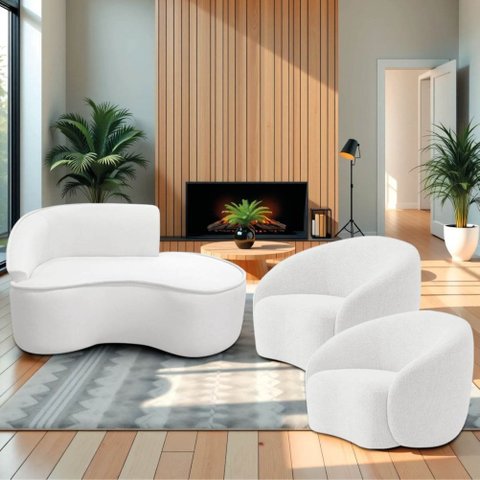 Kit Divã Recamier Orgânico Marrocos 150cm Lado Direito e 2 Poltronas Amore Bouclé Branco