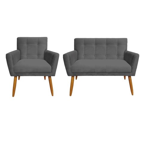 Kit Namoradeira + 1 Poltrona Decorativa Onix Suede Cinza Pés Madeira Ms Decor
