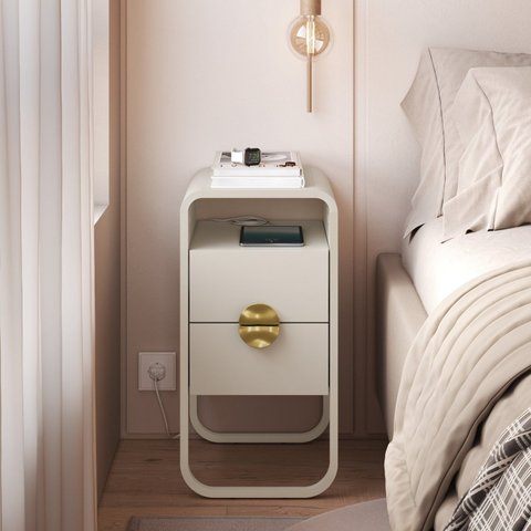 Mesa de Cabeceira 30cm 2 Gavetas Organica Pé Metal Luna Offwhite