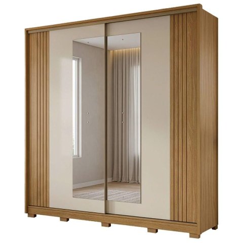 Guarda Roupa Casal Rubi 2 Portas de Correr 4 Gavetas MDP com Espelho Madeirado-Off White