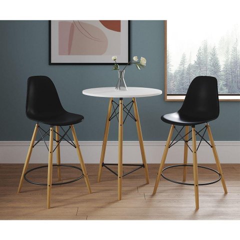 Mesa Bistrô Eames Eiffel Branca Com 2 Banquetas Pretas De Madeira - Cor: Branco