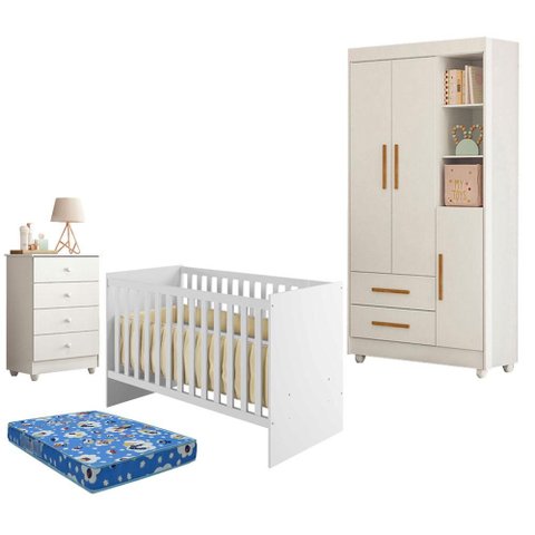 Guarda Roupa Flocos com Gaveteiro Soft e Berço Americano Soft Branco Acetinado Colchão Ortobom - Tig